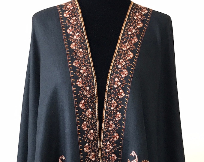 Shiraz Regal Motif  Hand Embroidered Wool Shawl - Black