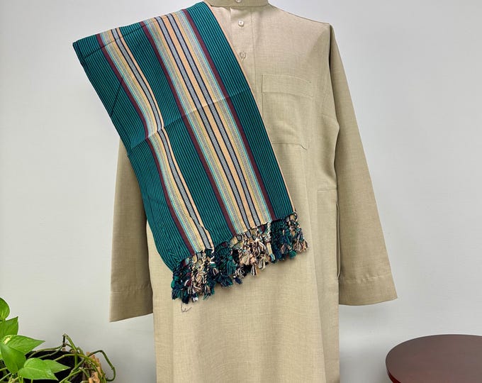 Habirah Yemeni Cotton Shawl - Pine Green #3 - Brown & Beige
