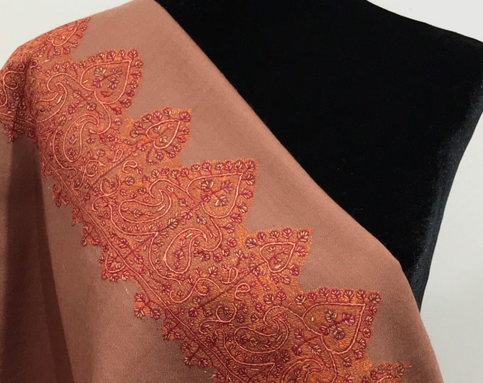 Grand Border Hand Embroidered Wool Shawl - Tawny Brown