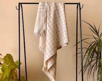 Plaid Handloom Cashmere Scarf / Wrap -  Warm Ivory Beige