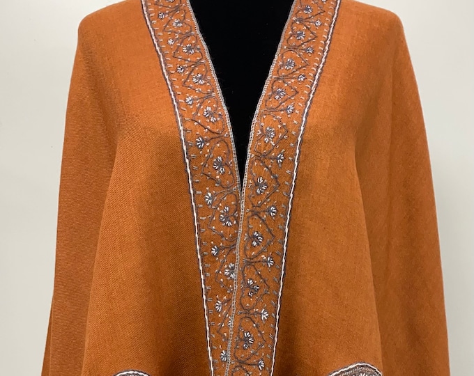 Darqawi Sandala Hand Embroidered Wool Shawl - Bronze Rust