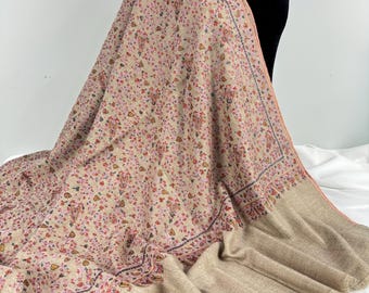 Josephine Floral Handloom Handspun Hand Embroidered Cashmere Shawl -  Lavender Tan