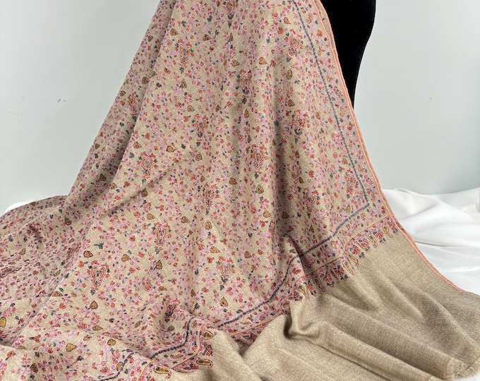 Josephine Floral Handloom Handspun Hand Embroidered Cashmere Shawl -  Lavender Tan