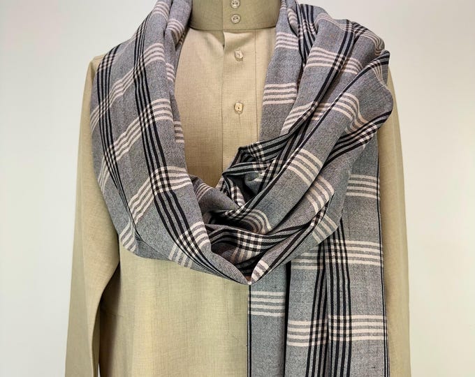 Extra Large Soft Wool Check Scarf - Two Tone Grey