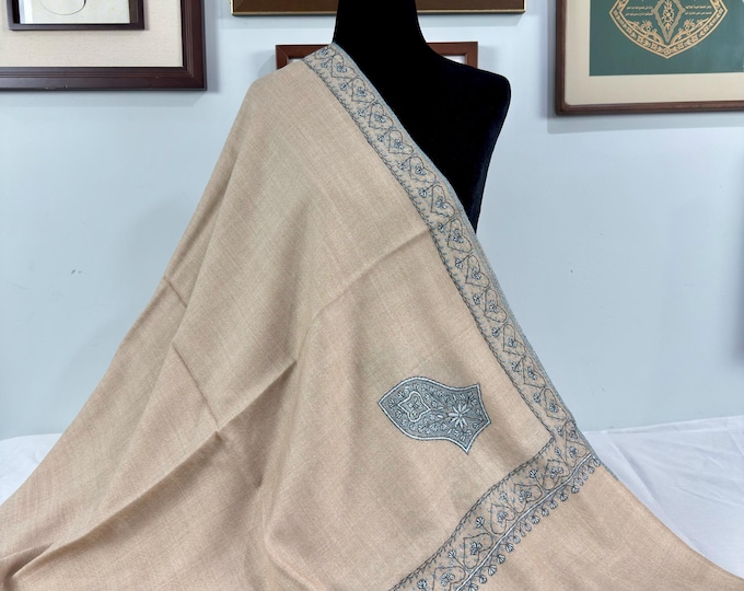 Alawi Sandala Shawl - Hand Embroidered Wool - Two-tone Cream