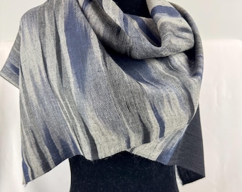 Zebra Stripe Handloom Cashmere Scarf - Silver, Prussian Blue & Black