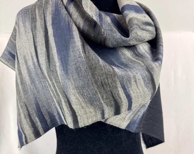 Zebra Stripe Handloom Cashmere Scarf - Silver, Prussian Blue & Black