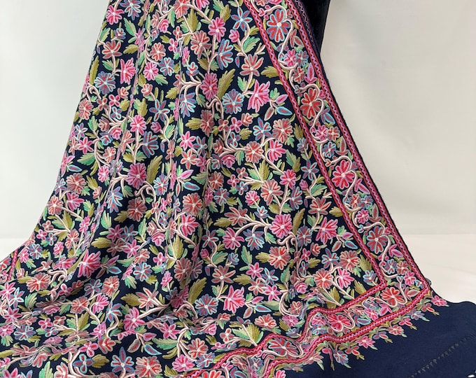 Mughal Jamavar - Hand Embroidered Wool Wrap: Black Kashmiri Floral Scarf - Navy Blue
