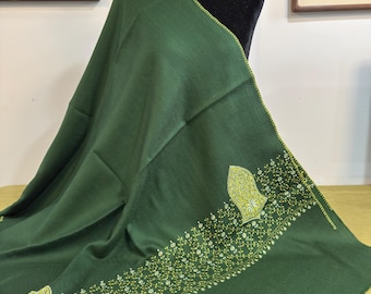 Taha Sandala Hand Embroidered Wool Shawl - Emerald Green No 2