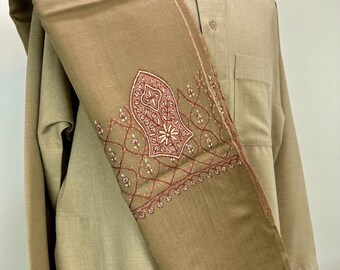 Taha Sandala Hand Embroidered Wool Shawl - Sand Brown