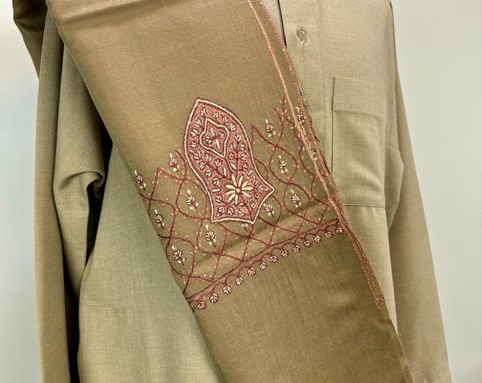 Taha Sandala Hand Embroidered Wool Shawl - Sand Brown