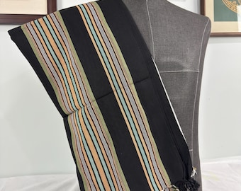 Habirah Yemeni Cotton Shawl - Heavy Weight - Black #3 - Olive Green & Mustard