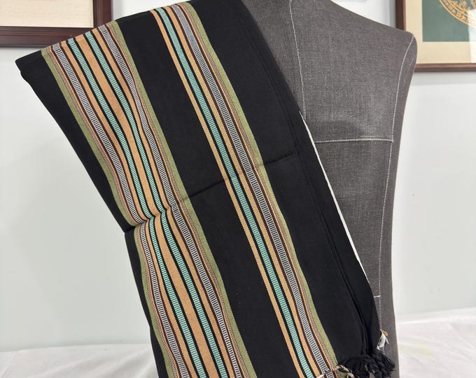 Habirah Yemeni Cotton Shawl - Heavy Weight - Black #3 - Olive Green & Mustard