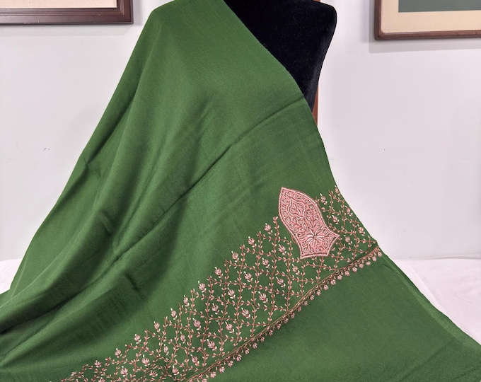 Taha Sandala Hand Embroidered Wool Shawl - Dark Emerald Green