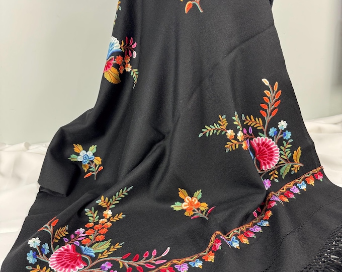 Elizabeth Hand Embroidered Floral Medley Wool Scarf / Wrap