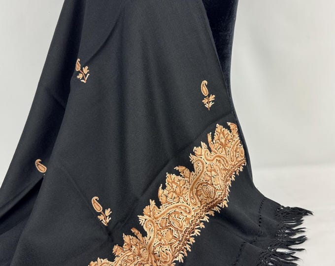 Isabella Hand Embroidered Paisley Wool Scarf / Wrap - Black, Beige & Brown