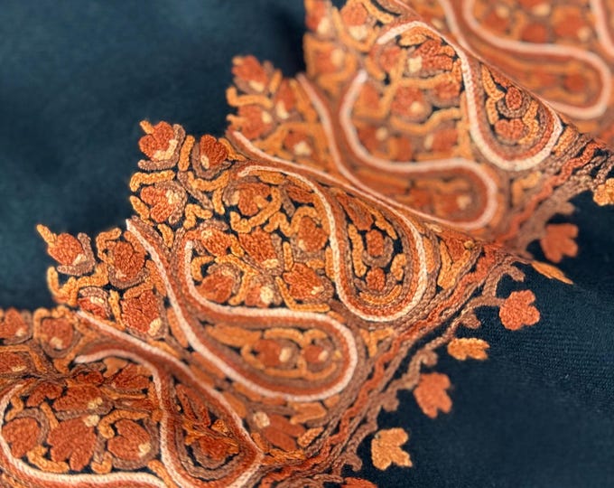 Isabella Hand Embroidered Paisley Wool Scarf / Wrap - Black & Orange Fire