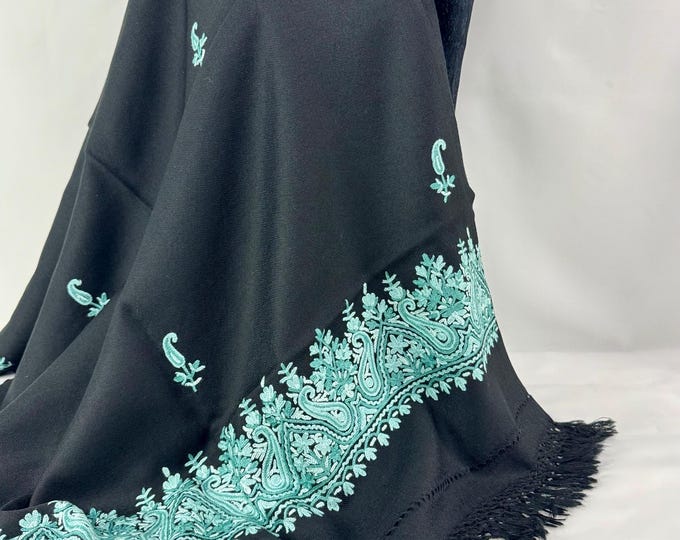 Isabella Hand Embroidered Paisley Wool Scarf / Wrap - Black with Ocean Green Embroidery