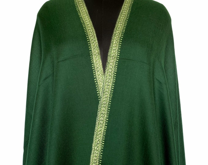 Khas Border Hand Embroidered Wool Shawl - Dark Emerald Green