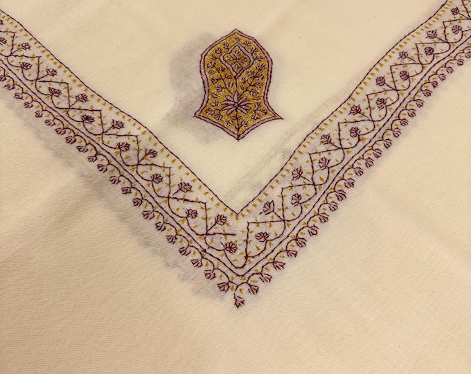Shemagh Sandala Hand Embroidered Wool Square Scarf - Light Cream