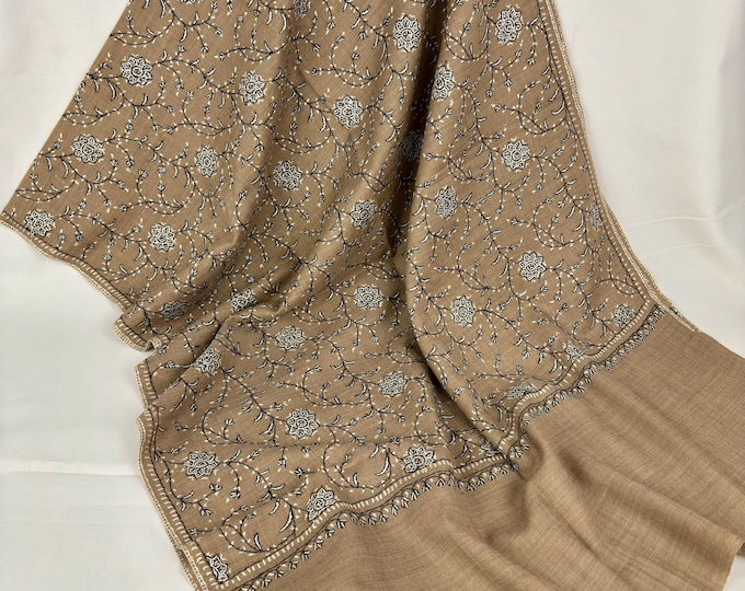 Layla Hand Embroidered Wool Shawl - Rich Hazel Brown