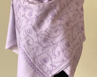 Hand Embroidered Wool Scarf: Pastel Floral Vine, Kashmir Wrap