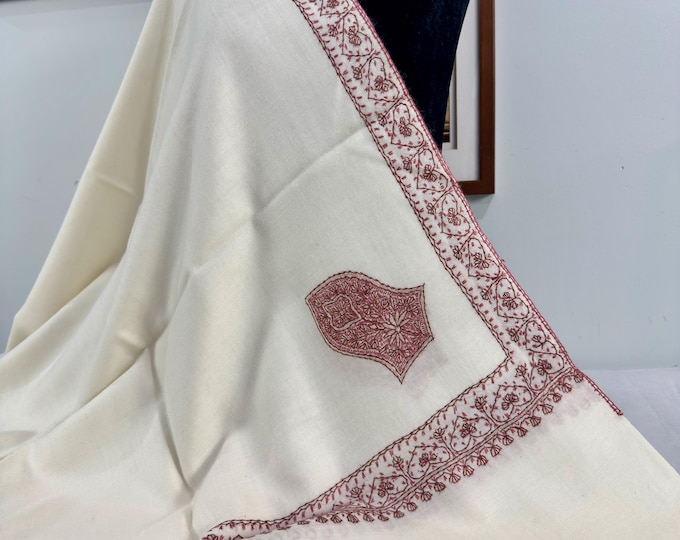 Alawi Sandala Hand Embroidered Wool Shawl - Alabaster White