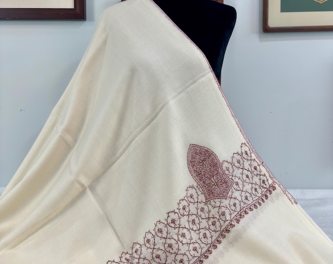Taha Sandala Wool Shawl - Hand Embroidered - Light Cream with Heather Purple & Brown
