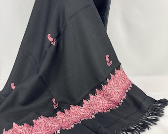 Isabella Hand Embroidered Paisley Wool Scarf / Wrap - Black, Magenta & Jam