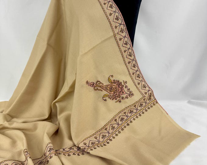 Shiraz Regal Motif Wool Shawl -  Hand Embroidered - Butter Cream