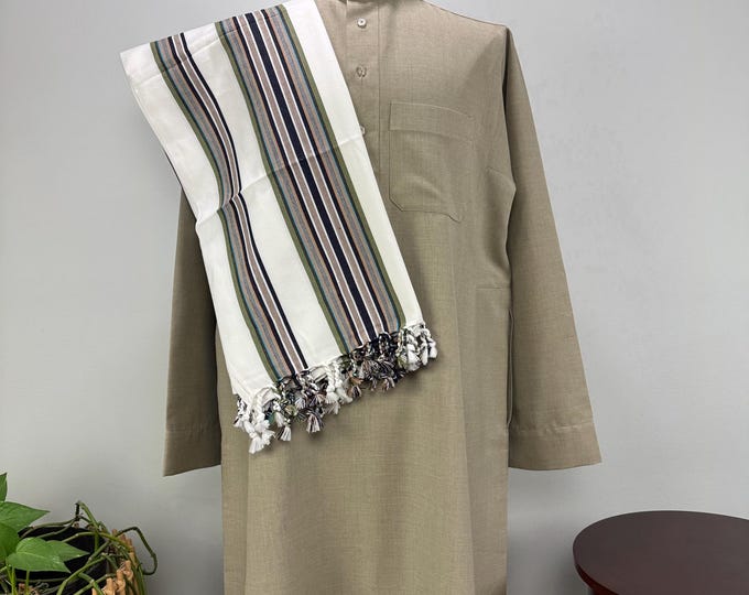 Habirah Yemeni Cotton Shawl - White #4 - Sage Green, Denim Blue