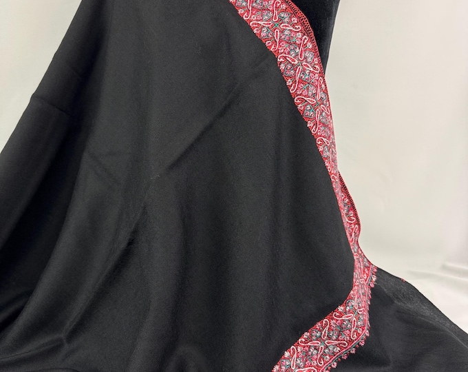 Paisleys Border Shawl - Hand Embroidered - Black