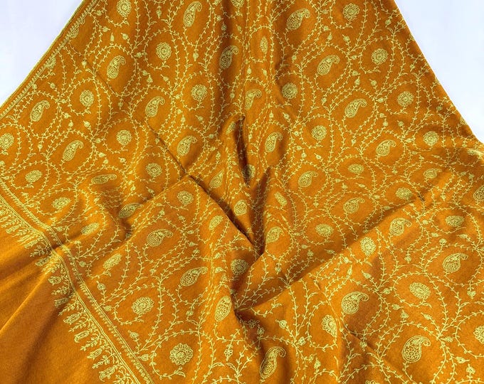Floral Handloom Hand Embroidered Cashmere Shawl -  Mustard