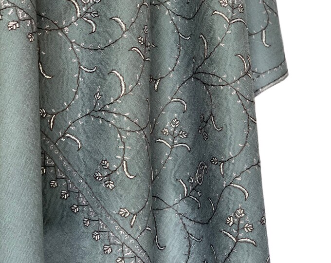 Almond Floral  Hand Embroidered Wrap / Scarf - Teal Grey