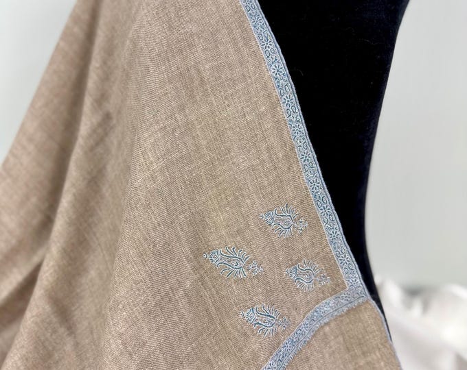 Hand Embroidered Cashmere Shawl -  GI Certified Handloom Handspun - Two-Tone Salt Tan No. 2