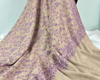 Josephine Floral Handloom Handspun Hand Embroidered Cashmere Shawl -  Lavender Tan