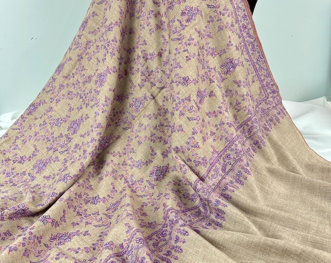 Josephine Floral Handloom Handspun Hand Embroidered Cashmere Shawl -  Lavender Tan
