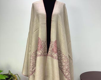 Taha Sandala Hand Embroidered Wool Shawl - Two-tone Hazel