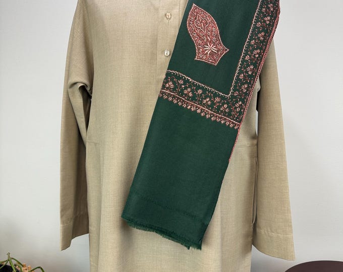 Darqawi Sandala Hand Embroidered Wool Shawl - Pine Green