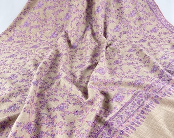 Josephine Floral Handloom Handspun Hand Embroidered Cashmere Shawl -  Lavender Tan