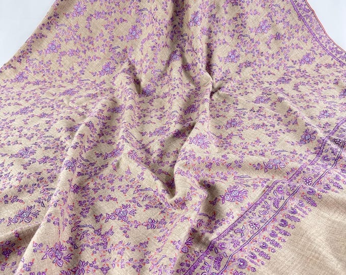 Josephine Floral Handloom Handspun Hand Embroidered Cashmere Shawl -  Lavender Tan