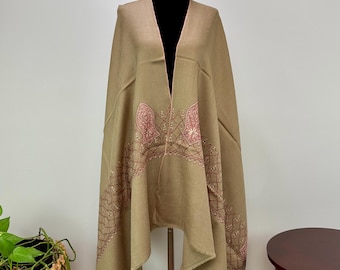 Taha Sandala Hand Embroidered Wool Shawl - Sand Brown