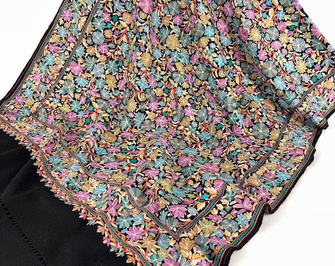 Mughal Jamavar - Hand Embroidered Wool Wrap: Black Kashmiri Floral Scarf