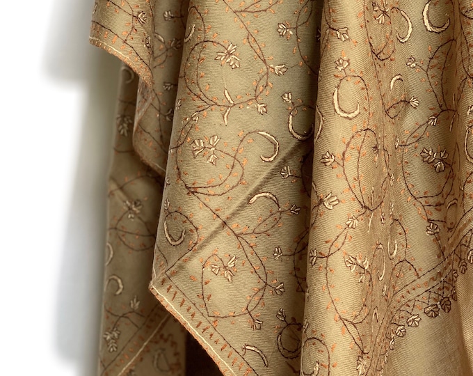 Floral Vine Hand Embroidered Premium Wool Wrap / Scarf - Biscotti Tan