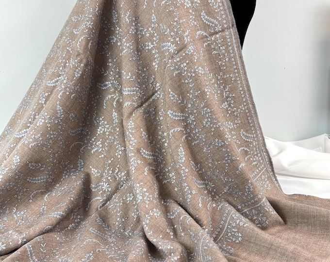 Zeenat Hand Embroidered Handloom Cashmere Shawl -  Two-Tone Brown Tan