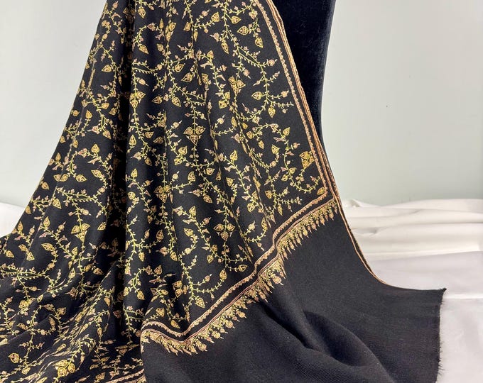 Shabnam Cashmere Shawl -  Black - Handloom Handspun Hand Embroidered