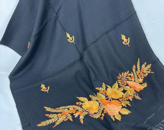 Aisha Hand Embroidered Floral Medley Wool Scarf / Wrap - Black
