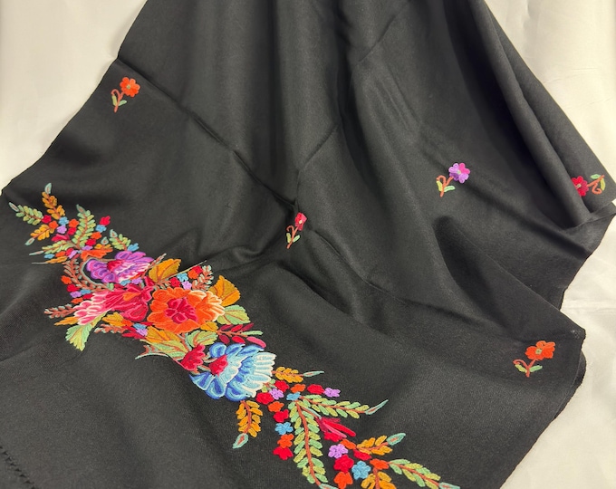 Elizabeth Hand Embroidered Floral Medley Wool Scarf / Wrap - Black