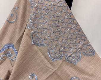 Sunflower Medallion Wool Shawl - Hand Embroidered - Two-Tone Hazel