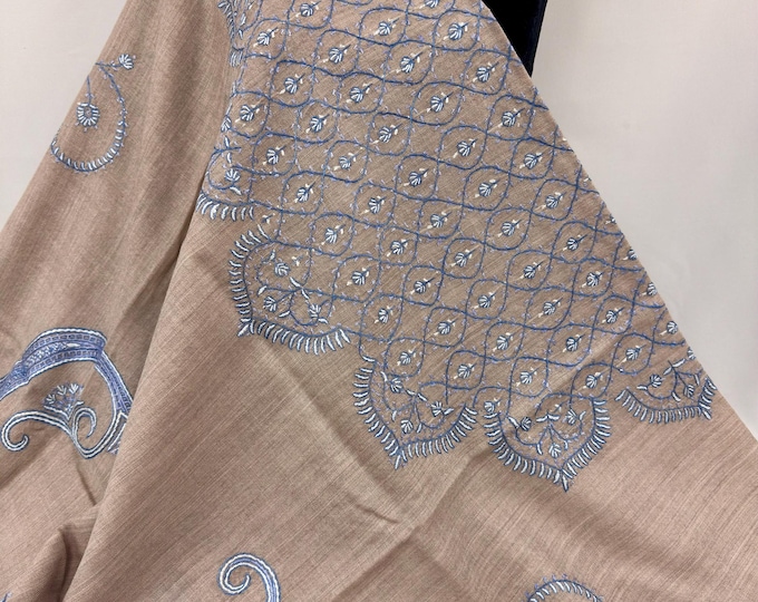 Sunflower Medallion Wool Shawl - Hand Embroidered - Two-Tone Hazel